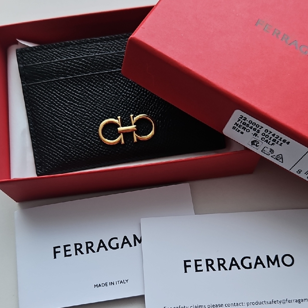 Salvatore Ferragamo Black Card Holder with Gold Accent